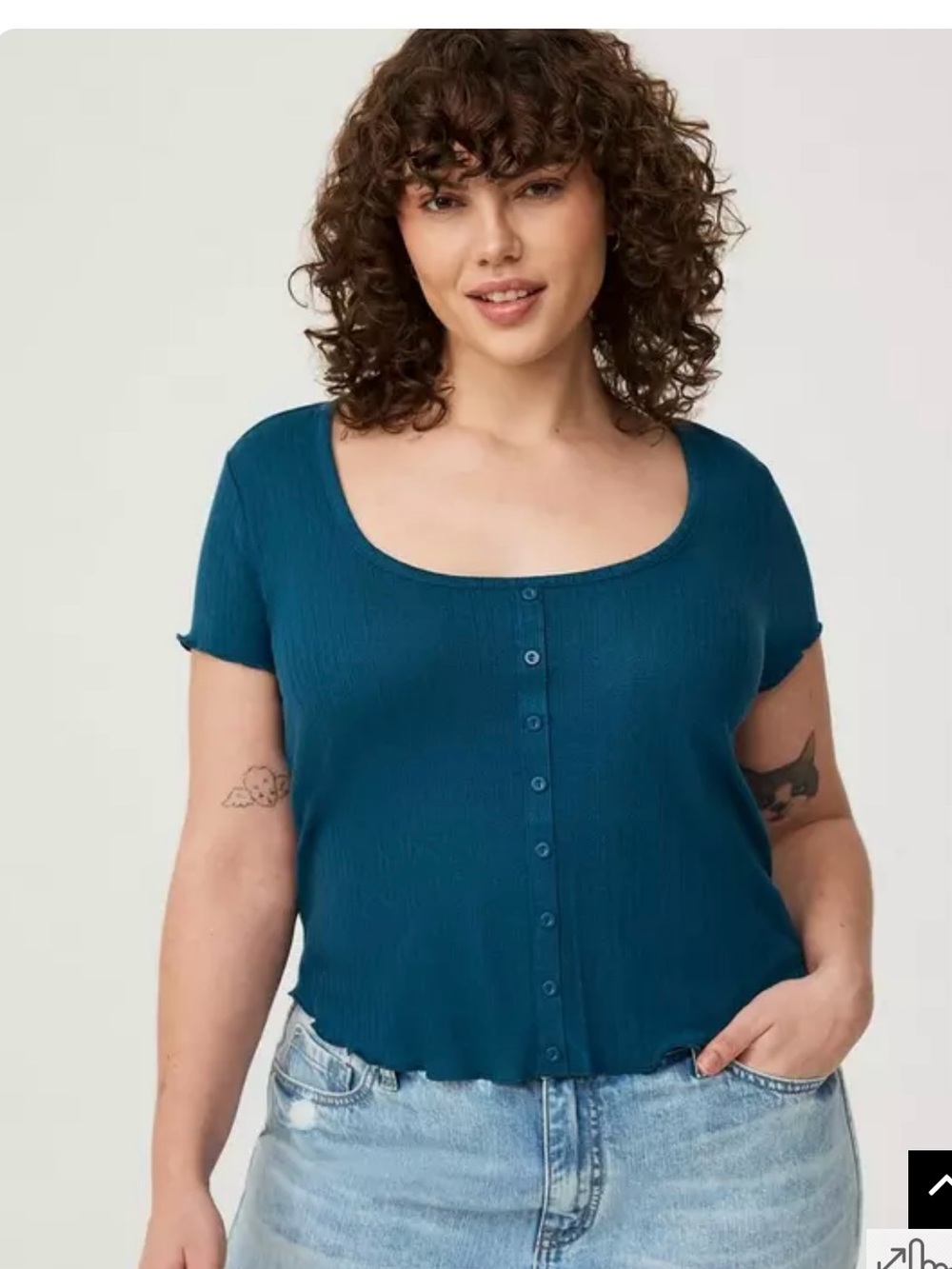 torrid Teal Scoop-Neck Ribbed Button-Front Crop Top
